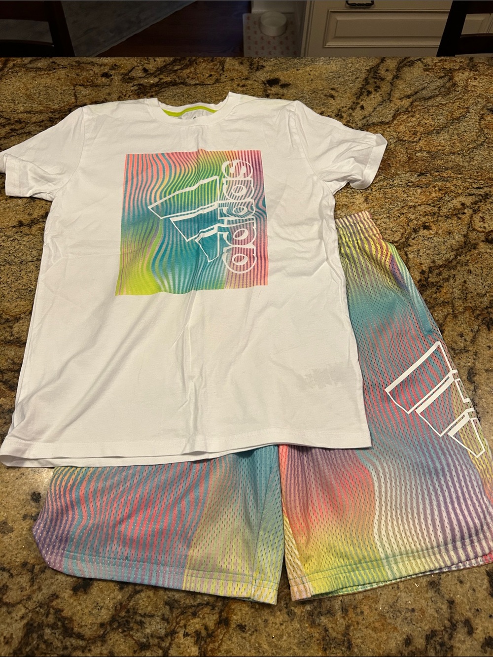 adidas White Tee with Rainbow Gradient Logo & Matching Shorts